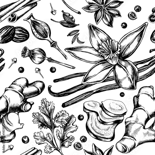 Seamless pattern with hand-drawn herbs and spices.