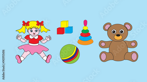 Children's toys: a doll, a teddy bear, a ball, cubes and a pyramid.