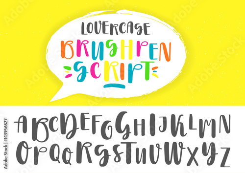 Black and colored capital handwritten vector brush pen alphabet on yellow background inside dialog balloon.