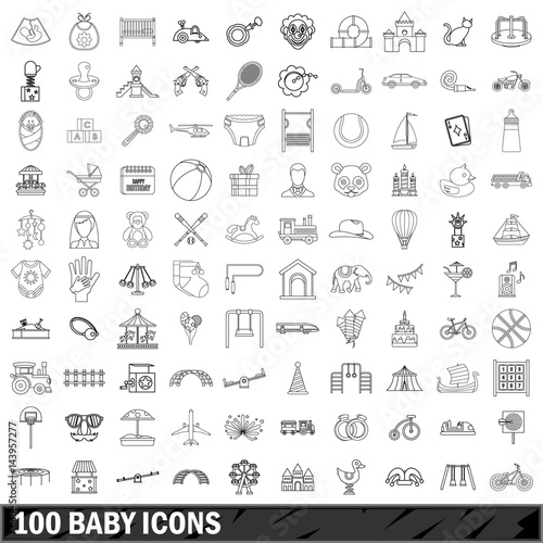 100 baby icons set, outline style