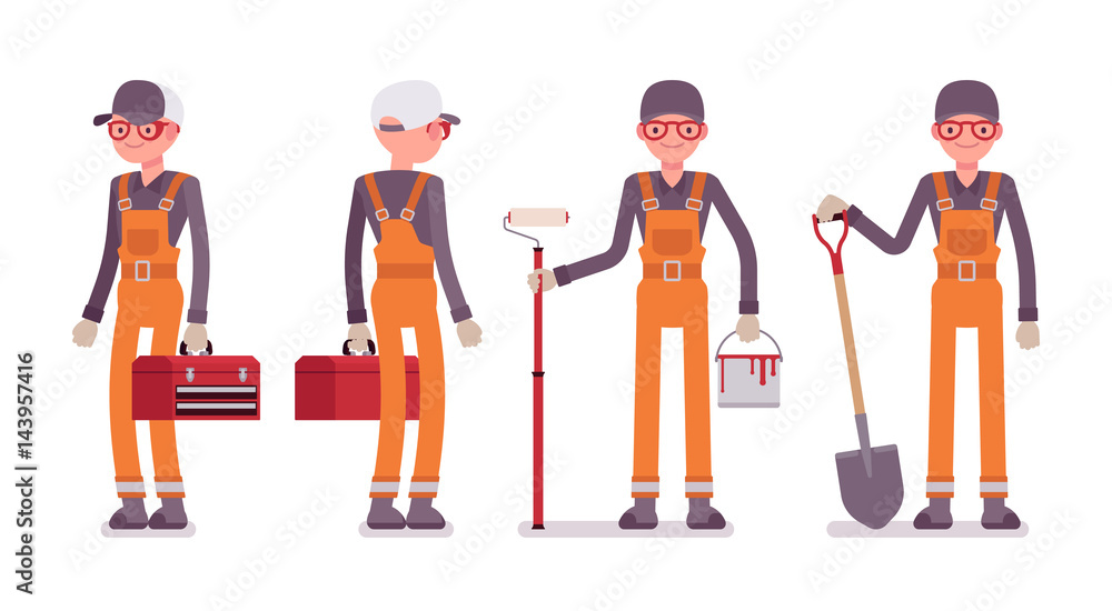 Set of male worker in bright orange overall Set of male worker in bright orange overall