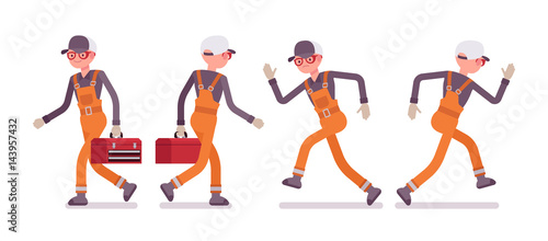 Set of male worker in orange wear, walking, running, rear and front view
