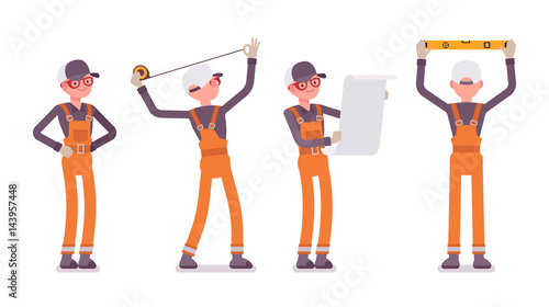 Set of male worker in orange overall doing measurement and planning