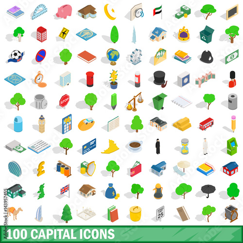 100 capital icons set, isometric 3d style