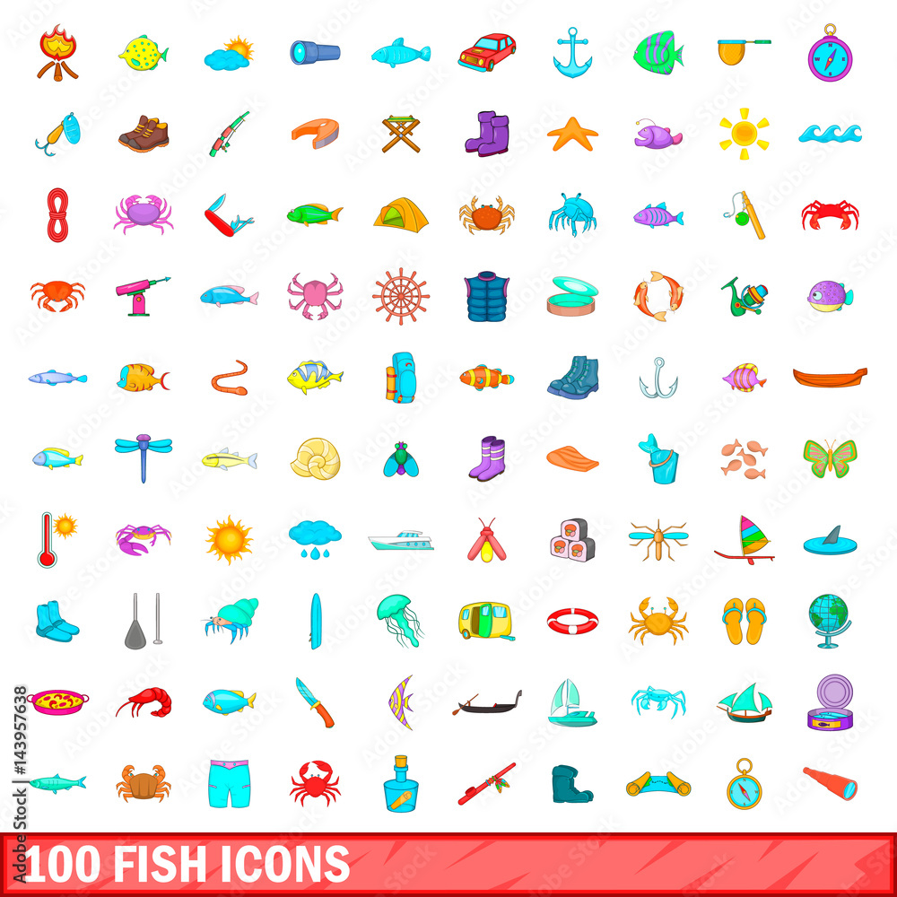 100 fish icons set, cartoon style 100 fish icons set, cartoon style