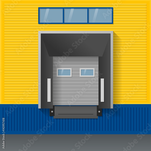 Vector illustration about logistics, transportation. Facade of modern warehouse of yellow and blue sandwich panels with airtight door gates (dock shelter).