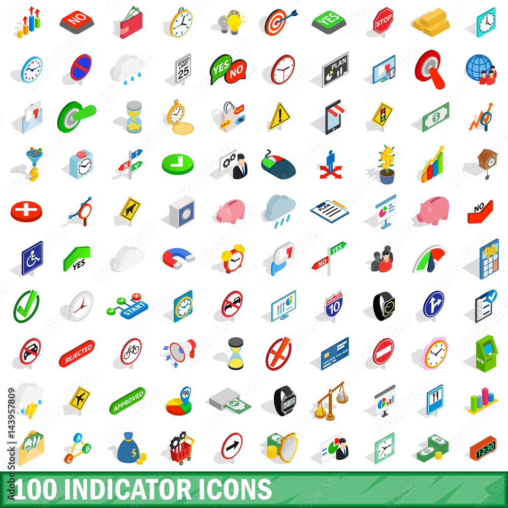 100 indicator icons set, isometric 3d style 100 indicator icons set, isometric 3d style