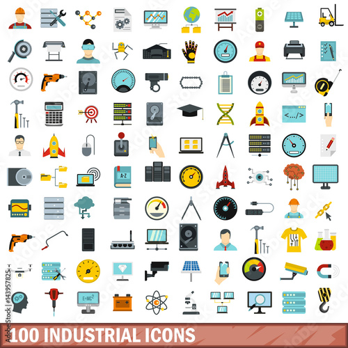 100 industrial icons set, flat style