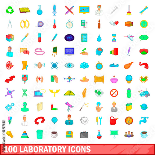 100 laboratory icons set, cartoon style
