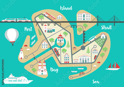 Vector scheme of nonexistent flat Island city with various buildings, bridges, churches and transport. Template for tourist map of resort city.
