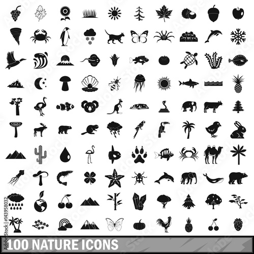 100 nature icons set  simple style 
