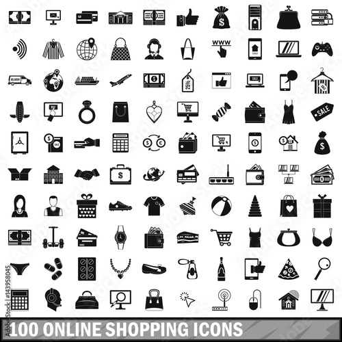 100 online shopping icons set, simple style 