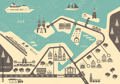 Vector scheme of nonexistent seaside town with various buildings, bridges, churches and transport. Template for vintage tourist map of resort city. Stencil graphics, imprints.