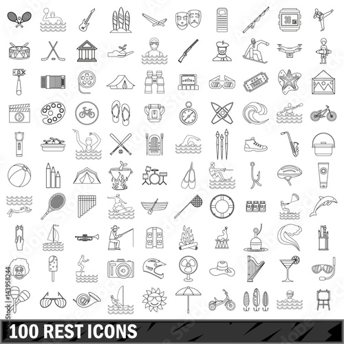 100 rest icons set, outline style