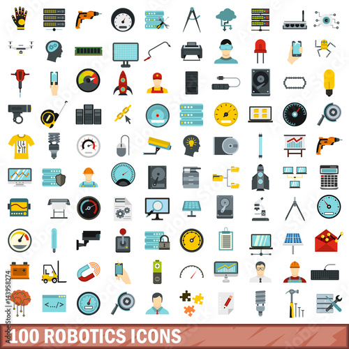 100 robotics icons set, flat style