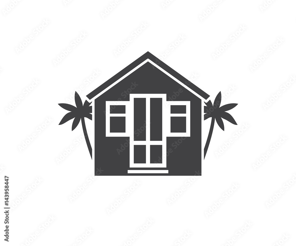 Summer bungalow icon in outline design. Beach hut logotype silhouette vector illustration. Bath house logo or label template.