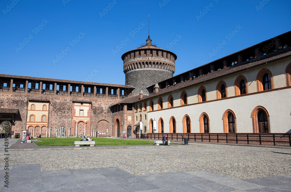 MILAN, ITALY, MARCH 28, 2017 - Sforzesco Castle in Cairoli place, Milan, Italy