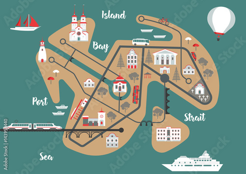 Vector scheme of nonexistent flat Island city with various buildings, bridges, churches and transport. Template for tourist map of resort city.