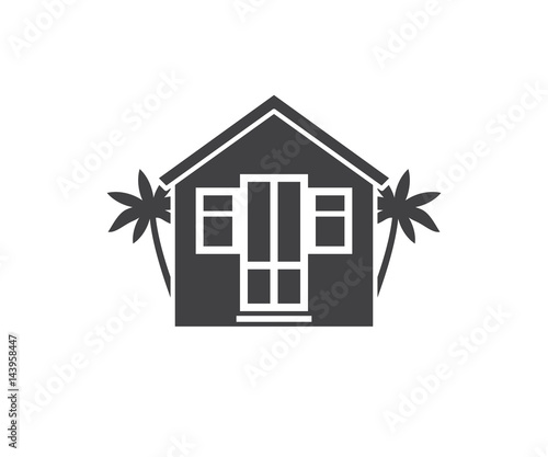 Obraz na płótnie Summer bungalow icon in outline design. Beach hut logotype silhouette vector illustration. Bath house logo or label template. w salonie