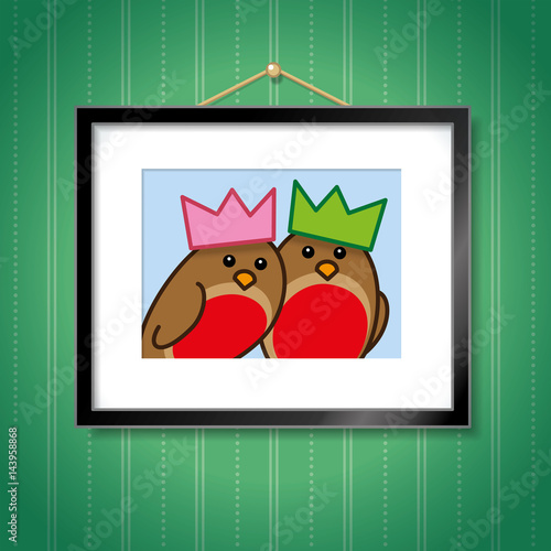 Couple of Robins wearing Party Hats in Picture Frame