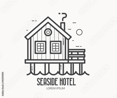 Seaside hotel logo or label template in linear style. Sea stilt house logotype in thin line design. Beach pier home outline icon.
