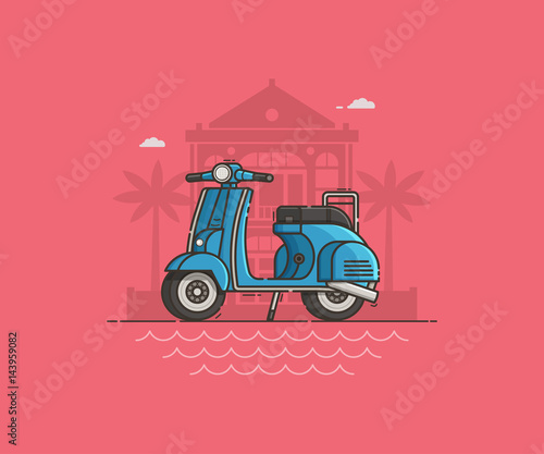 Blue scooter parked near villa and sea beach. Motor bike on road vector illustration. Motorcycle standing on tropical seaside background. Retro motorbike in flat design. Summer travel concept.