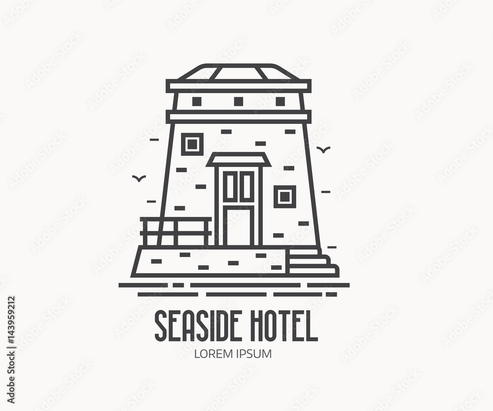 Seaside hotel logo or label template in linear style. Sea observation tower logotype in thin line design. Old stone lighthouse outline icon.