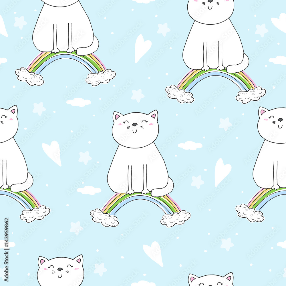 Hand drawn seamless pattern with cute cat on a rainbow, doodle illustration for kids vector print Hand drawn seamless pattern with cute cat on a rainbow, doodle illustration for kids vector print