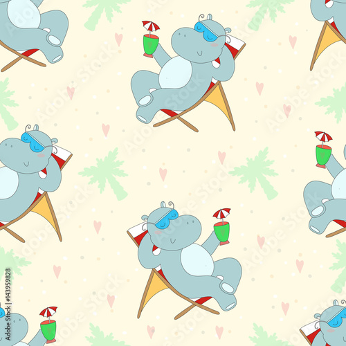 Cute seamless pattern with hippo in the Seashore, vector illustration. Printable template.