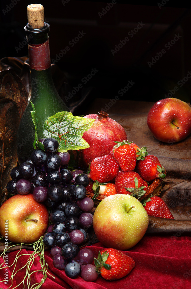 Juicy bright fruit, sprinkled with water, still life of seasonal fruits and berries, copyspace, Classic Dutch still life Juicy bright fruit, sprinkled with water, still life of seasonal fruits and berries, copyspace, Classic Dutch still life