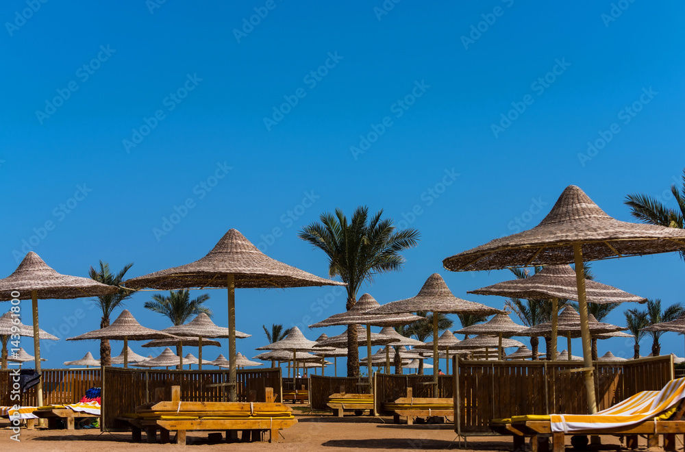 Wicker umbrellas and tropical green palm trees on blue sky