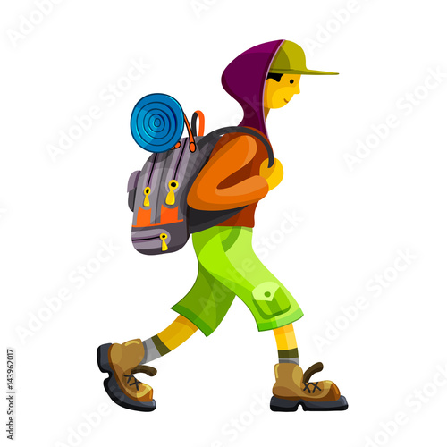 Young man hiker with rucksack walking. Isolated clip art vector illustration