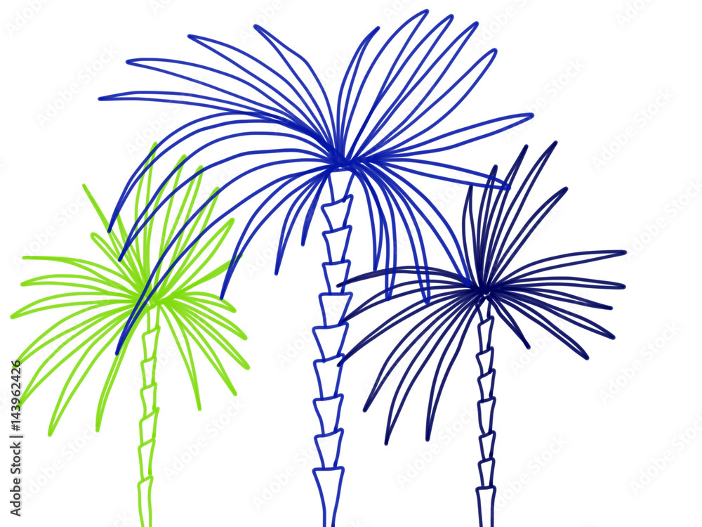 Obraz premium Hand drawn colorful silhouette of palms on the white background, isolated illustration painted by pen, high quality