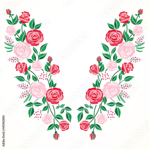 Neck line embroidery with roses flowers vector illustration. Foliage embroidery fashion and pattern with flower.