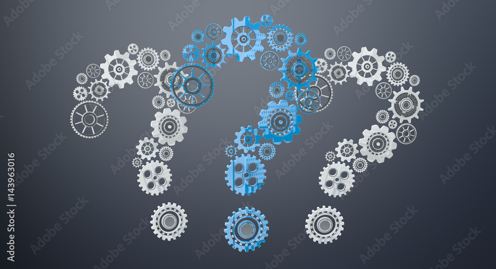 3D rendering gear icons question mark flying 3D rendering gear icons question mark flying