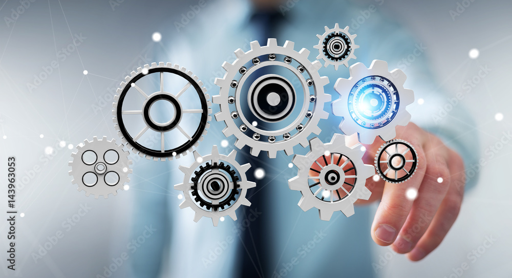 Businessman touching floating gear icons in his hand 3D rendering Businessman touching floating gear icons in his hand 3D rendering