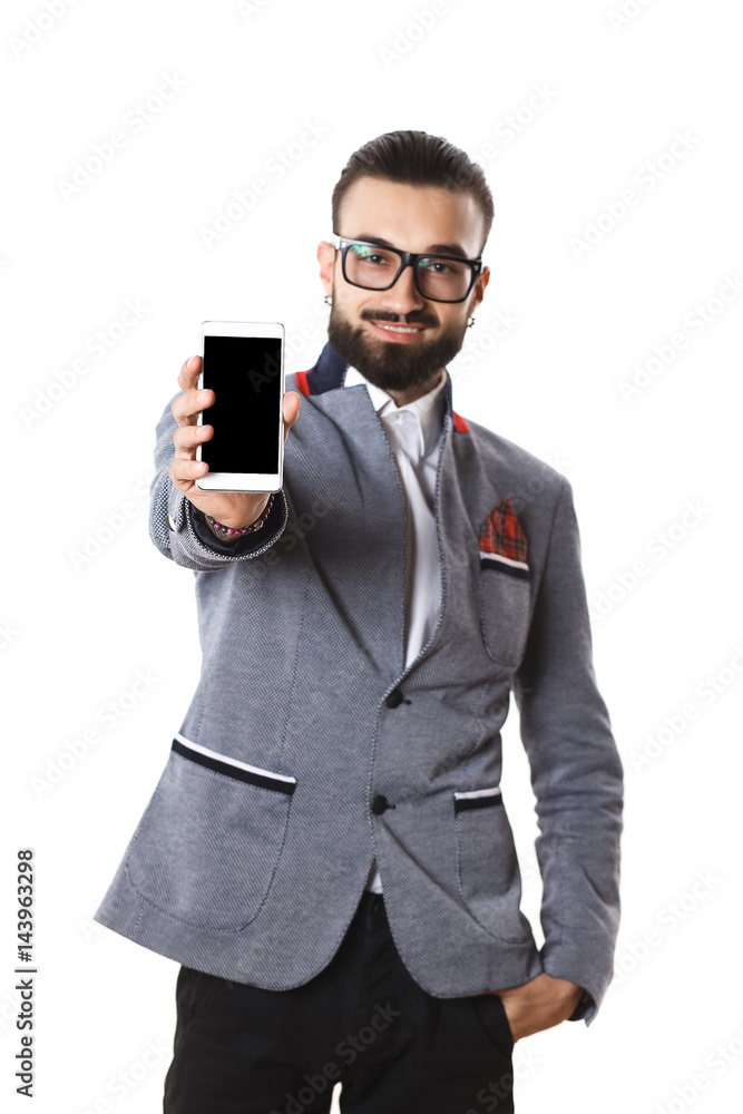 Stylish guy with glasses talking on the phone on white background Stylish guy with glasses talking on the phone on white background