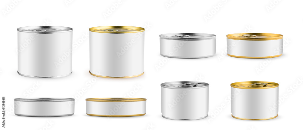 Set of mockups. Package. White blank tincan silver and gold metal Tin Can, canned Food. Isolated on white background. Ready for your design. Real product packing.