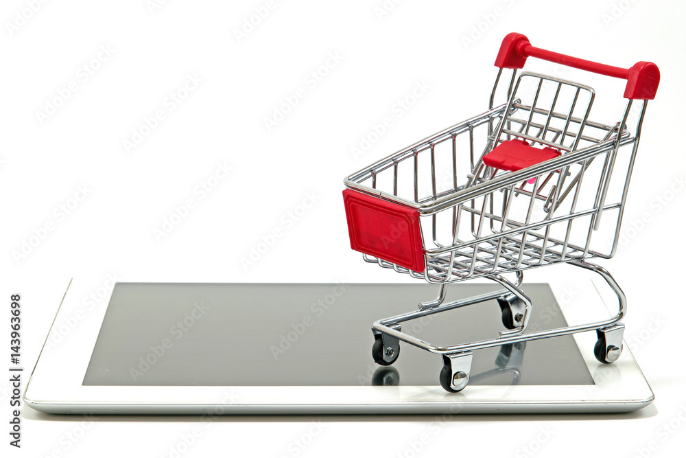 Cart shopping and tablet for shopping online.