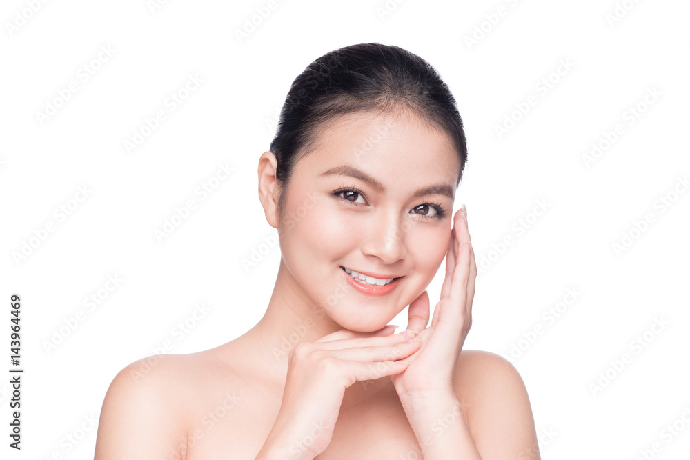 Facial treatment. Beautiful Young Asian Woman with Clean Fresh Skin touch her face . Facial treatment. Beautiful Young Asian Woman with Clean Fresh Skin touch her face .