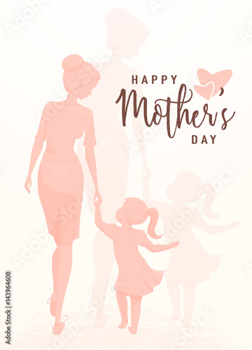 Vector illustration of greeting mother day. Mom holds her daughter by the hand