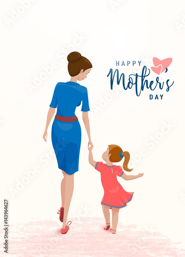 Vector illustration of greeting mother day. Mom holds her daughter by the hand