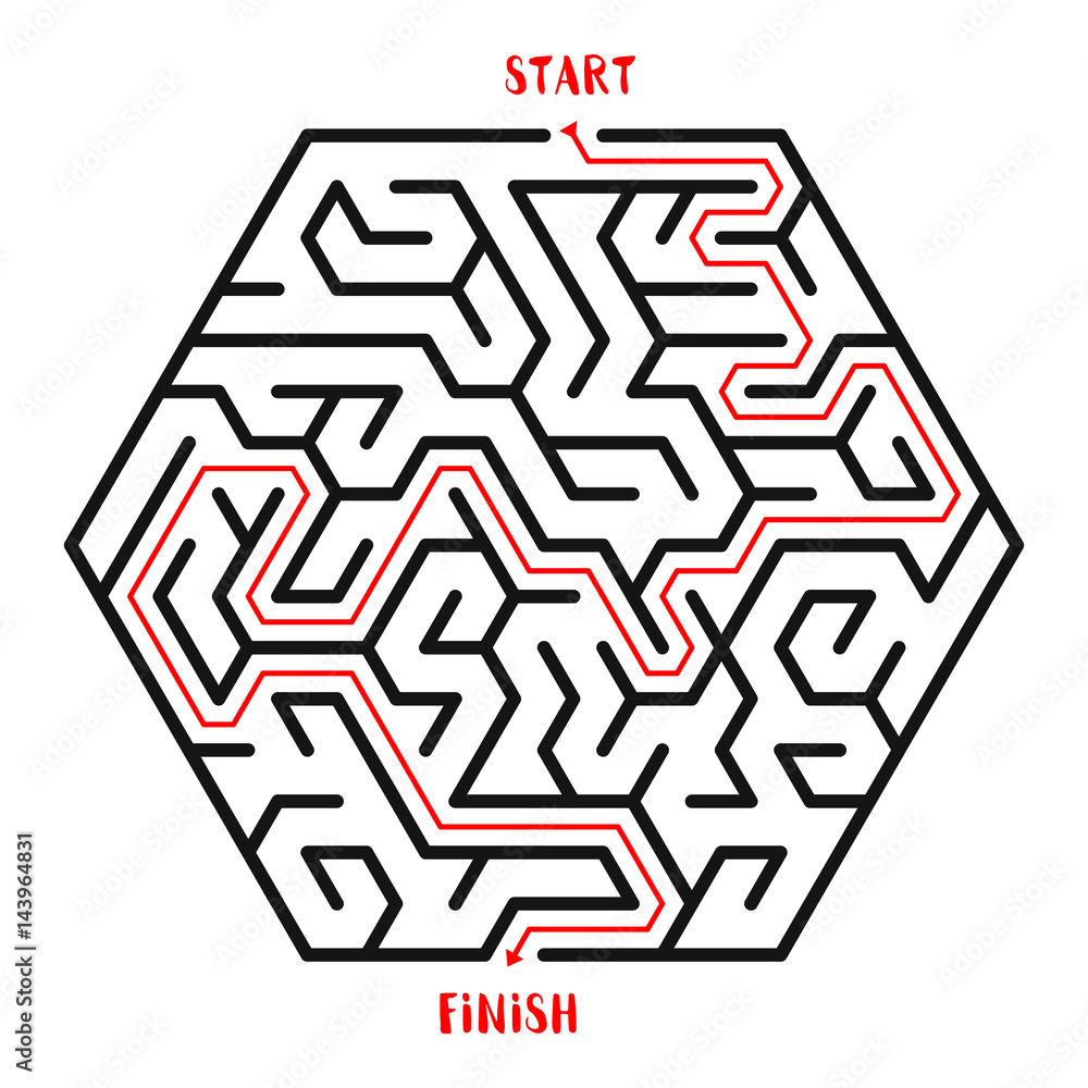 Hexagonal Maze Game background. Labyrinth with Entry and Exit. Vector Illustration. Hexagonal Maze Game background. Labyrinth with Entry and Exit. Vector Illustration.