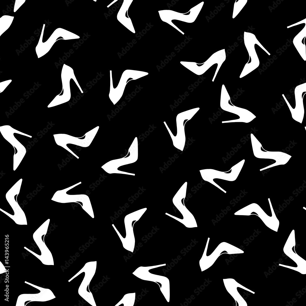 Fashion shoes seamless pattern. White heels on black background. 