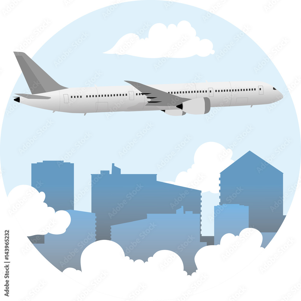 Airplane on the Background of the City, Travel and Tourism Concept , Air Travel and Transportation, Vector Illustration