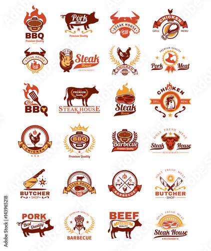Set of vector color grill and barbecue badges, stickers, emblems isolated on white