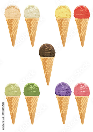 The various flavors of ice cream in cone