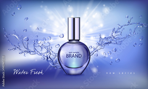Vector illustration of a realistic style perfume in a glass bottle on a blue background with water splash. Great advertising poster for promoting a new fragrance