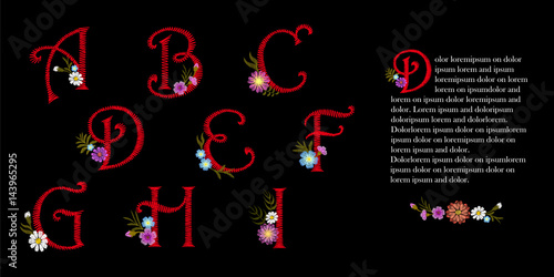 Fototapeta Naklejka Na Ścianę i Meble -  Embroidery vintage alphabet set. Initial drop cap decorative flowers. Ornate red vector illustration letters signs A B C D E F G H I floral design