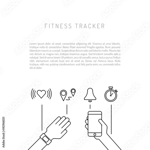 Vector banner with a means of tracking activity, a fitness bracelet. The concept of fitness gadget with icons its functionality.